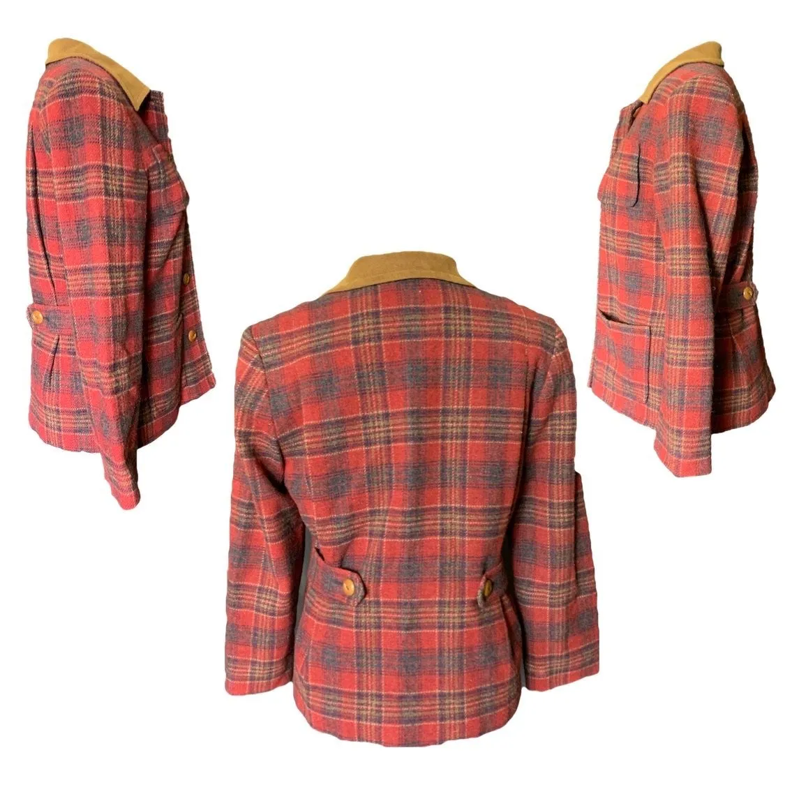 1990s Wool Riding Jacket by Pendleton in a Red and Brown Plaid with a Suede Collar. Warm Winter Coat.