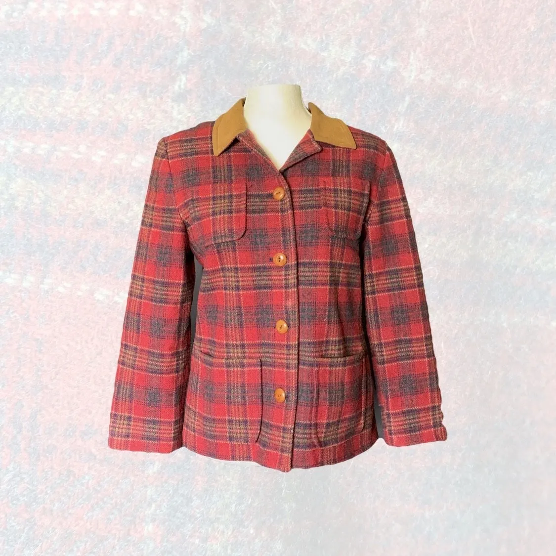 1990s Wool Riding Jacket by Pendleton in a Red and Brown Plaid with a Suede Collar. Warm Winter Coat.