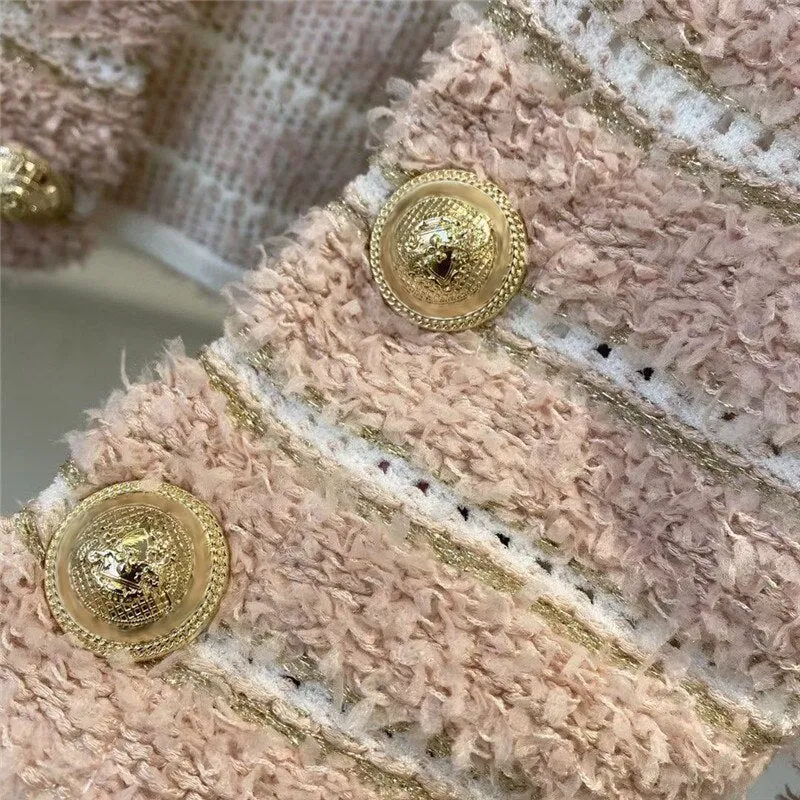 2022 Autumn Winter Elegant Striped Knitted Sweater Gold Buttons Cardigan