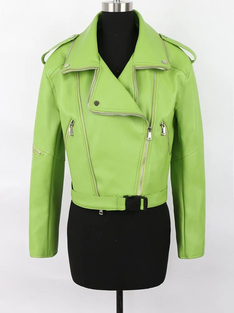 2023 Biker Girl Autumn Colored Green Black Short Leather Biker women Jacket