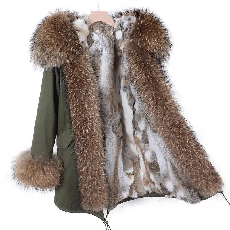 2023 Real Natural Raccoon Big Fox Fur Collar Parkas Long Female Winter Rabbit Lining Inner Jacket Fur Coat Outerwear