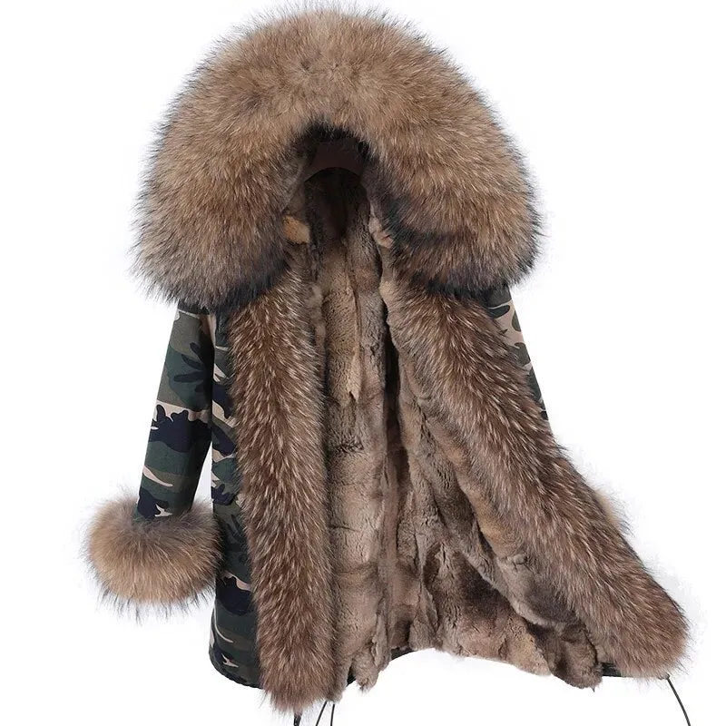 2023 Real Natural Raccoon Big Fox Fur Collar Parkas Long Female Winter Rabbit Lining Inner Jacket Fur Coat Outerwear