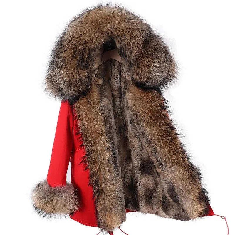 2023 Real Natural Raccoon Big Fox Fur Collar Parkas Long Female Winter Rabbit Lining Inner Jacket Fur Coat Outerwear