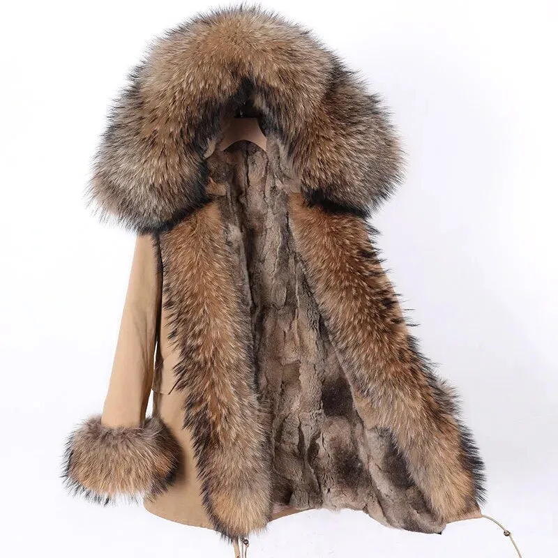 2023 Real Natural Raccoon Big Fox Fur Collar Parkas Long Female Winter Rabbit Lining Inner Jacket Fur Coat Outerwear