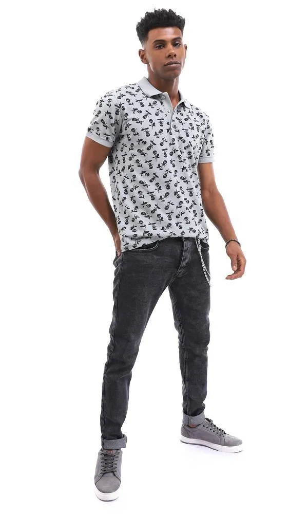 94924 Skull Flower Printed Medium Grey Polo Shirt