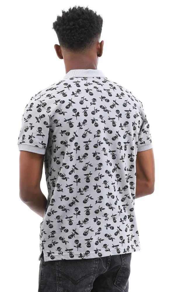 94924 Skull Flower Printed Medium Grey Polo Shirt