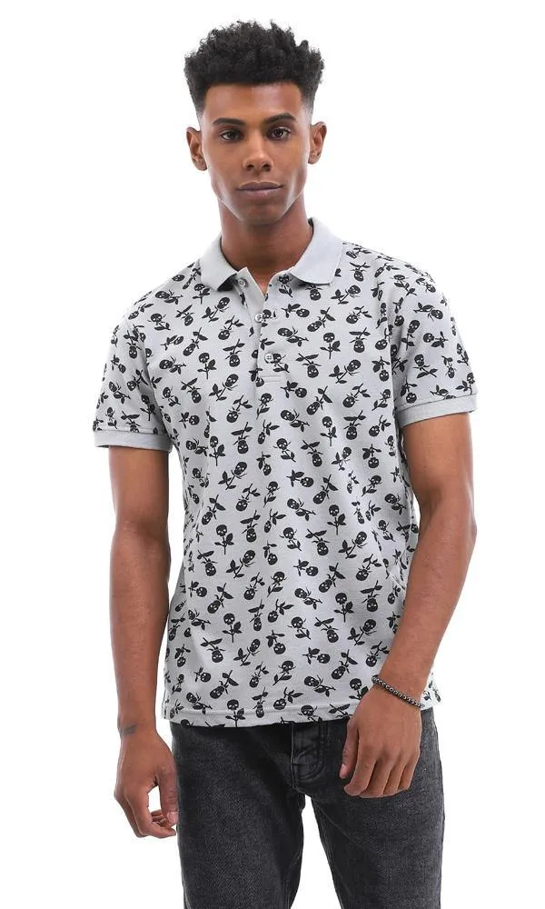 94924 Skull Flower Printed Medium Grey Polo Shirt