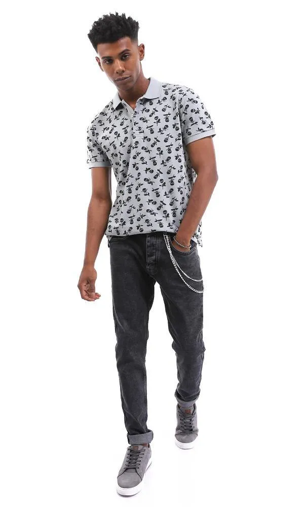 94924 Skull Flower Printed Medium Grey Polo Shirt