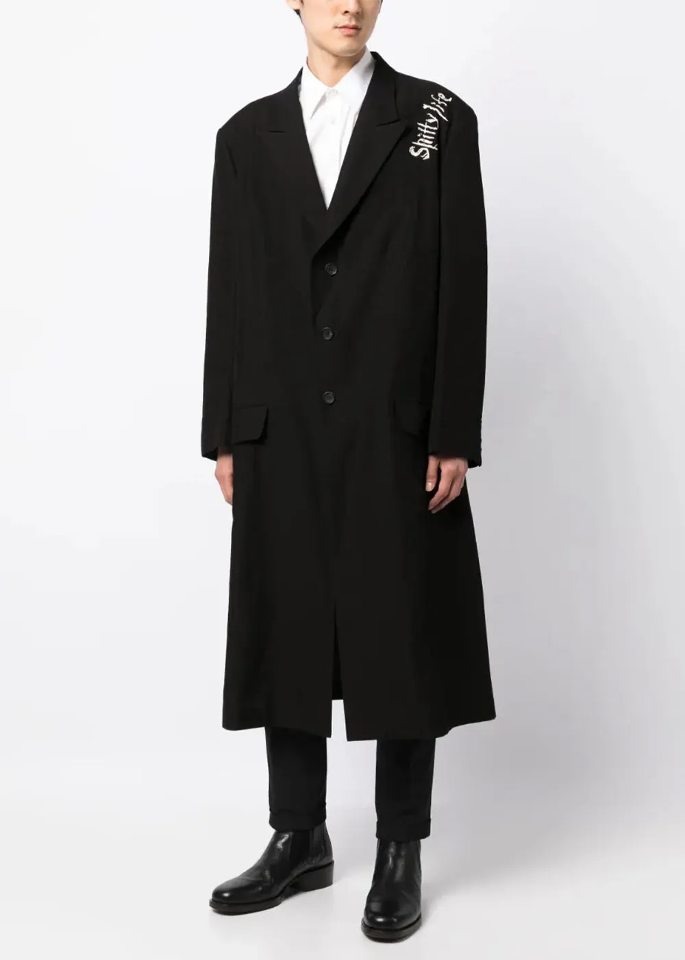 Black Embroidered Motif Single-Breasted Coat