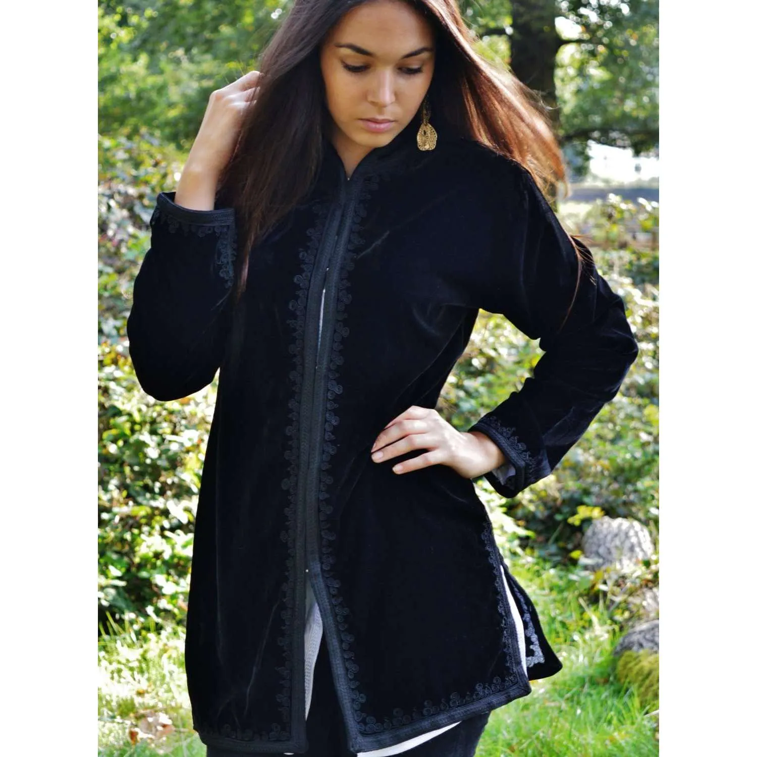 Black Velvet Luxury Bohemian Jacket with Black Embroidery- bohemian Jacket