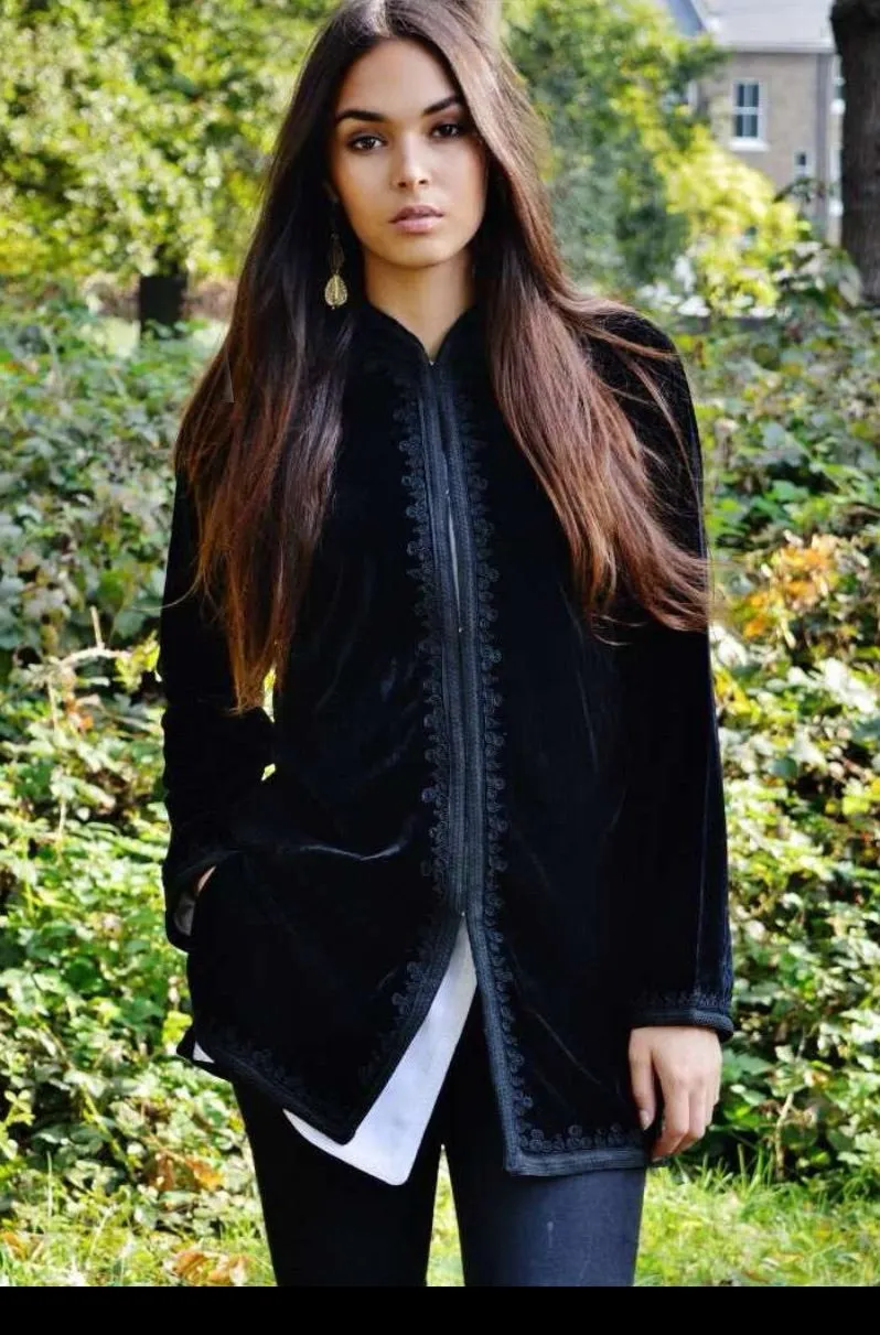 Black Velvet Luxury Bohemian Jacket with Black Embroidery- bohemian Jacket