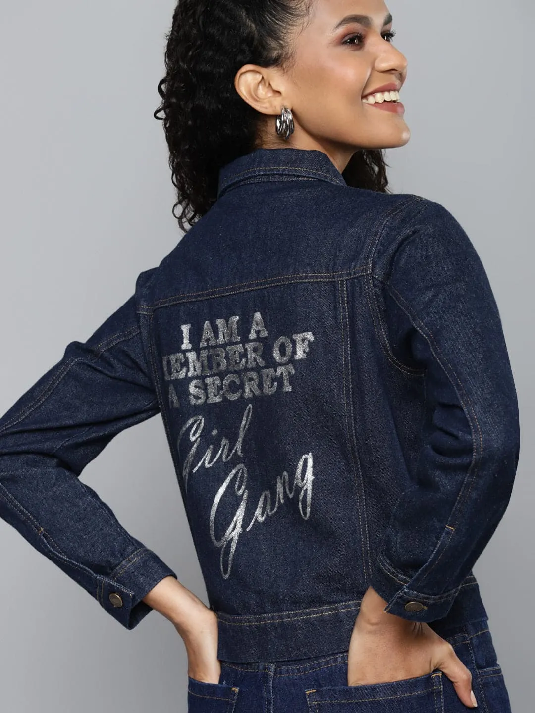 Blue Girls-Gang Print Denim Jacket