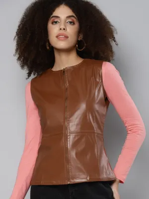 Brown Sleeveless PU Peplum Jacket