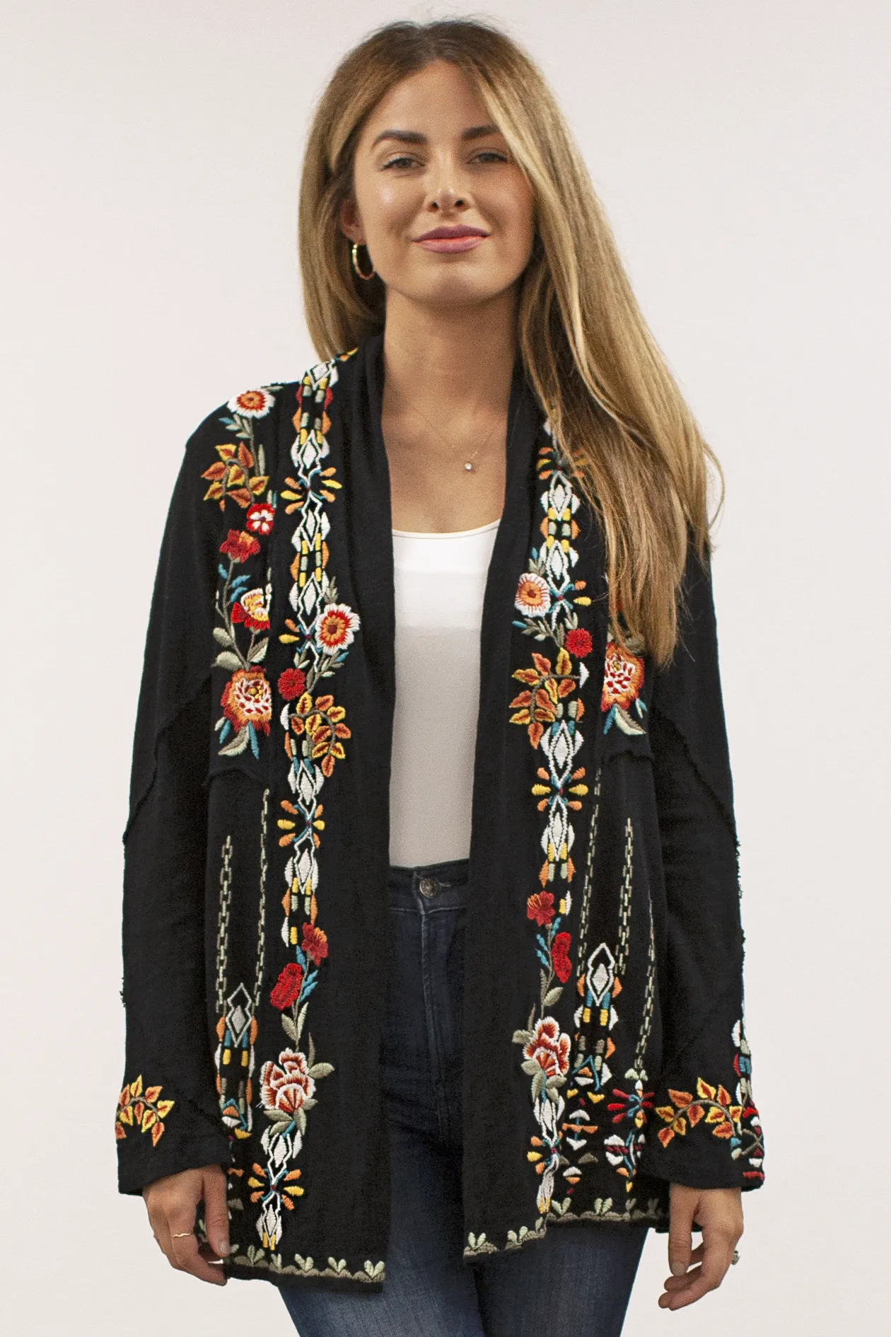 Caite Karina jacket/coat, open-front embroidered