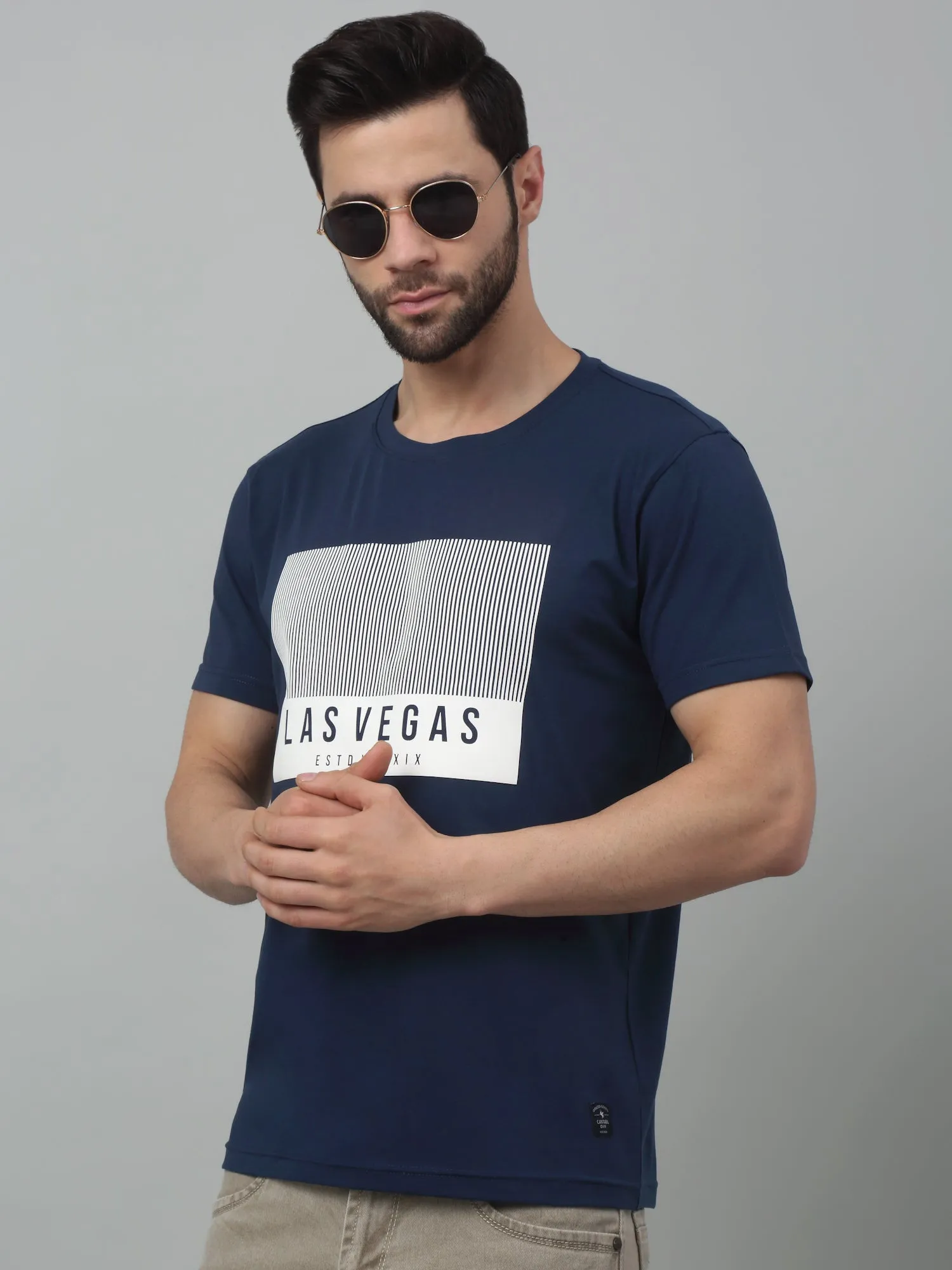 Cantabil Blue Printed Round Neck Half Sleeve T-shirt For Men