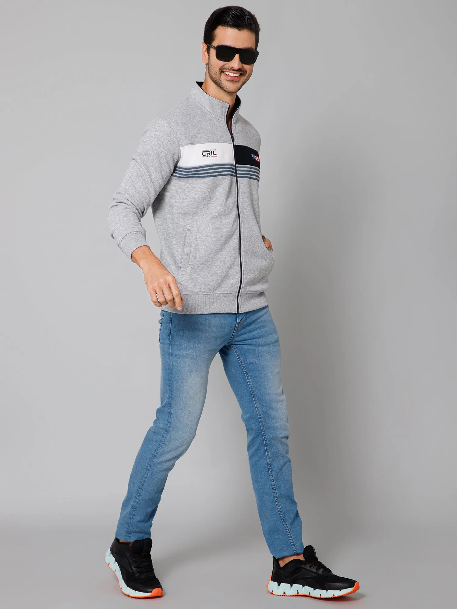 Cantabil Color Block Grey Full Sleeves Band Collar Regular Fit Casual Sweatshirt for Men