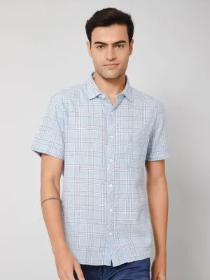 Cantabil Cotton Blend Checkered Sky Blue Half Sleeve Regular Fit Casual Shirt for Men with Pocket