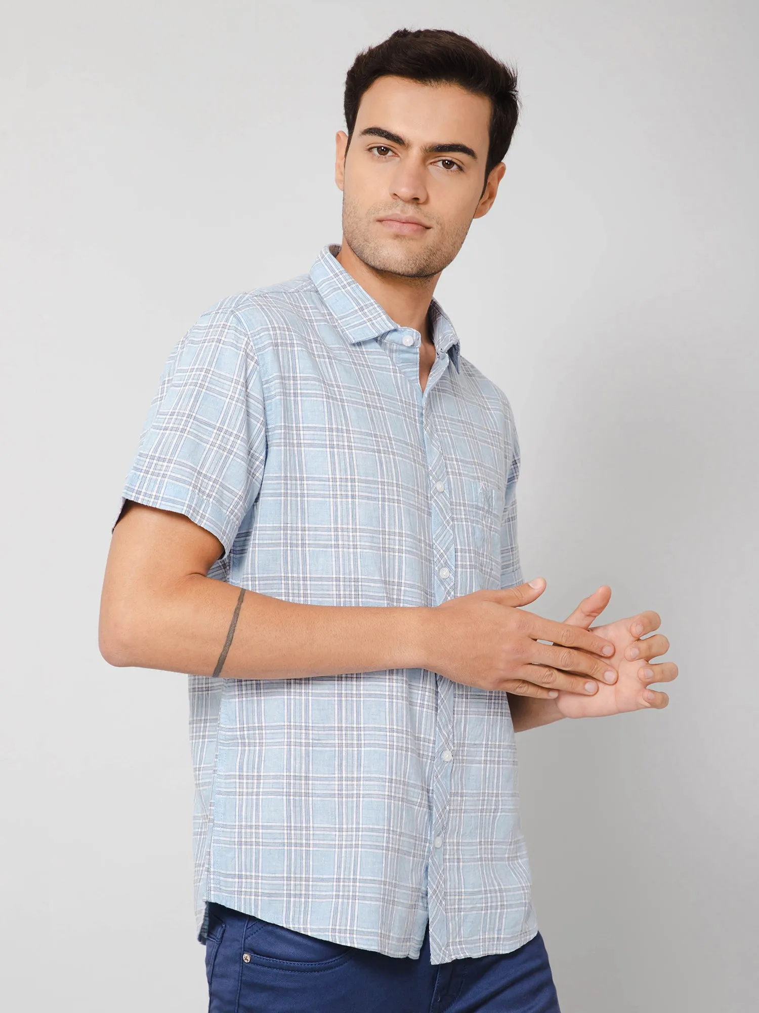 Cantabil Cotton Blend Checkered Sky Blue Half Sleeve Regular Fit Casual Shirt for Men with Pocket