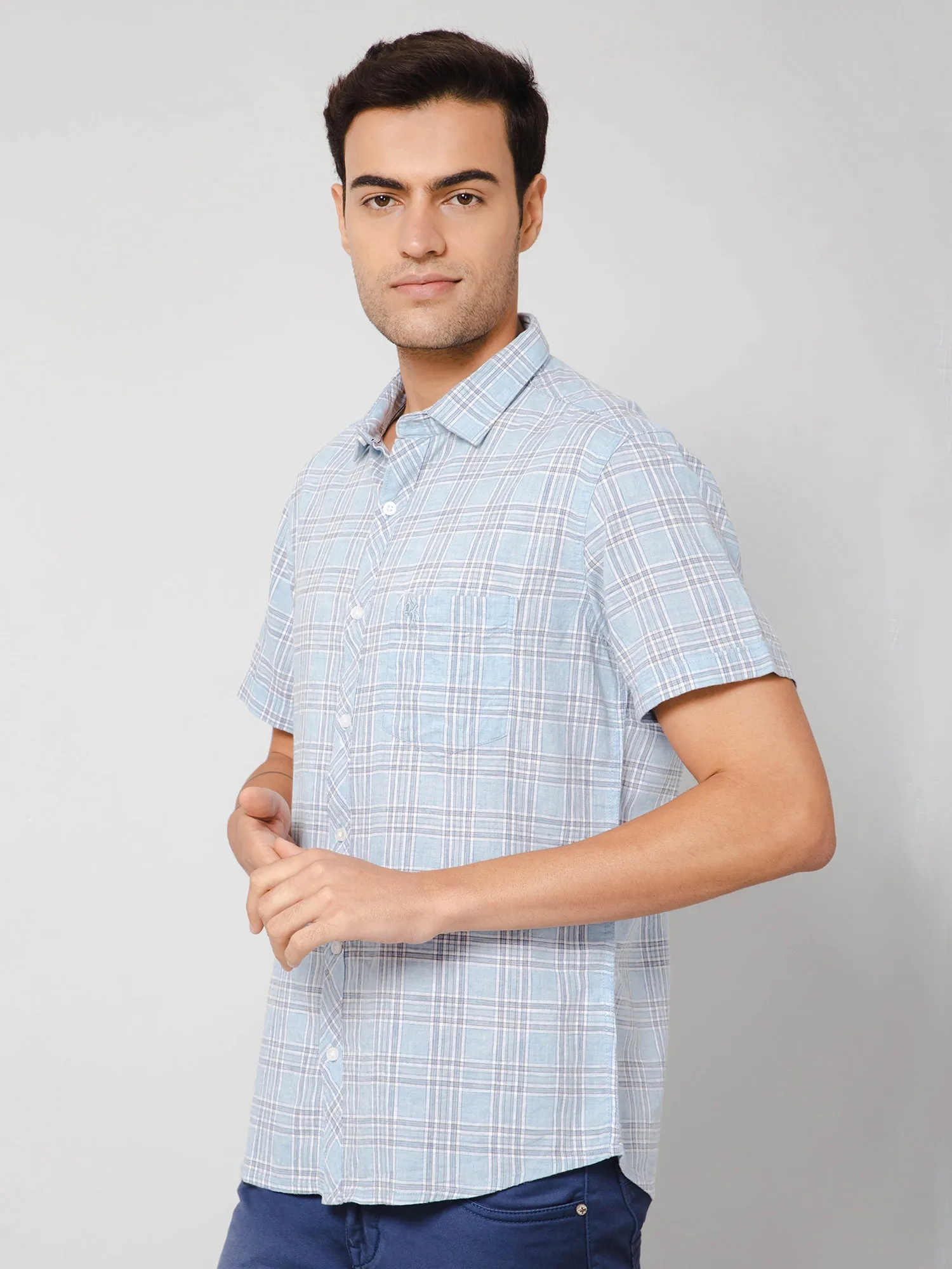 Cantabil Cotton Blend Checkered Sky Blue Half Sleeve Regular Fit Casual Shirt for Men with Pocket