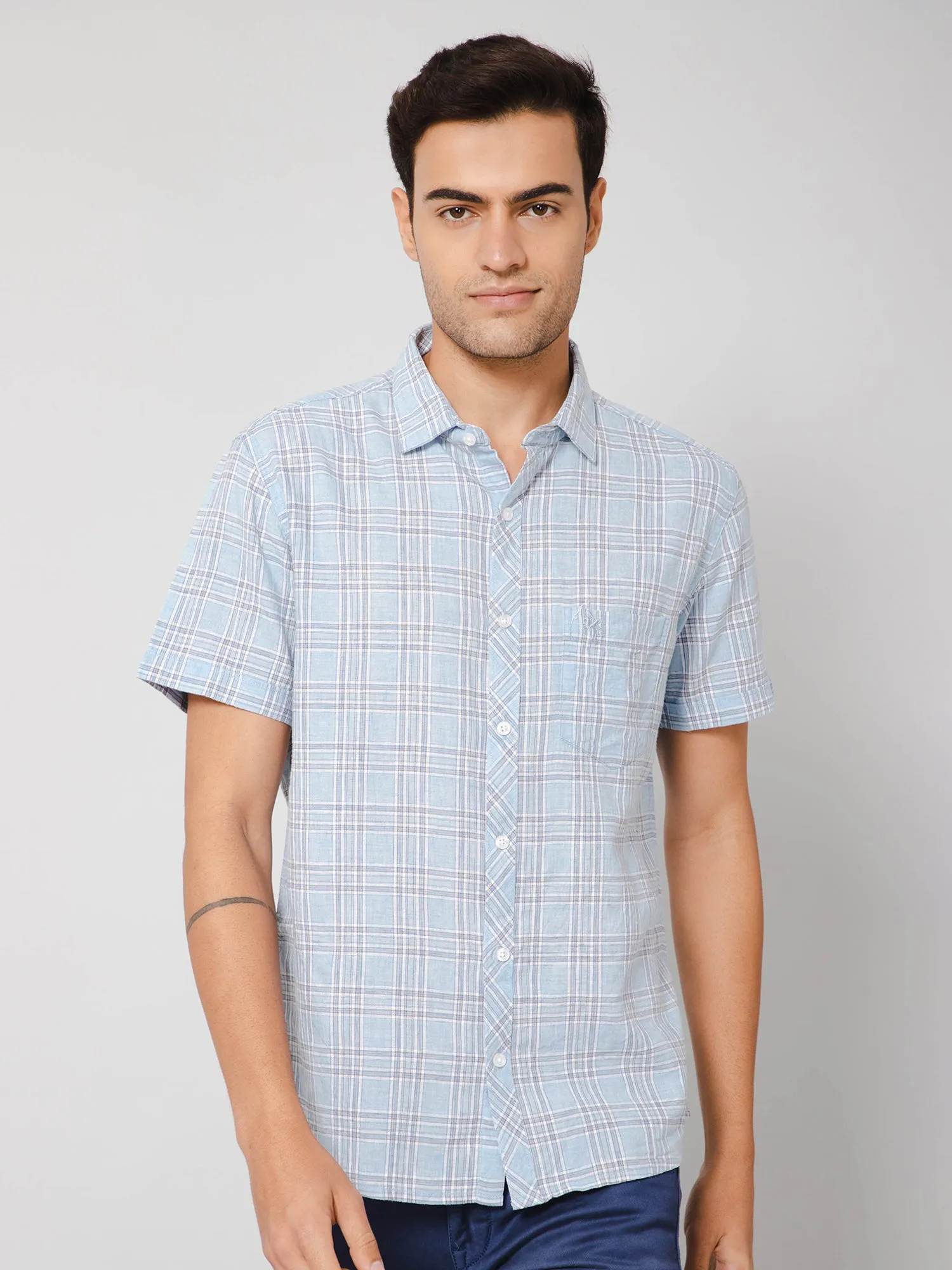 Cantabil Cotton Blend Checkered Sky Blue Half Sleeve Regular Fit Casual Shirt for Men with Pocket