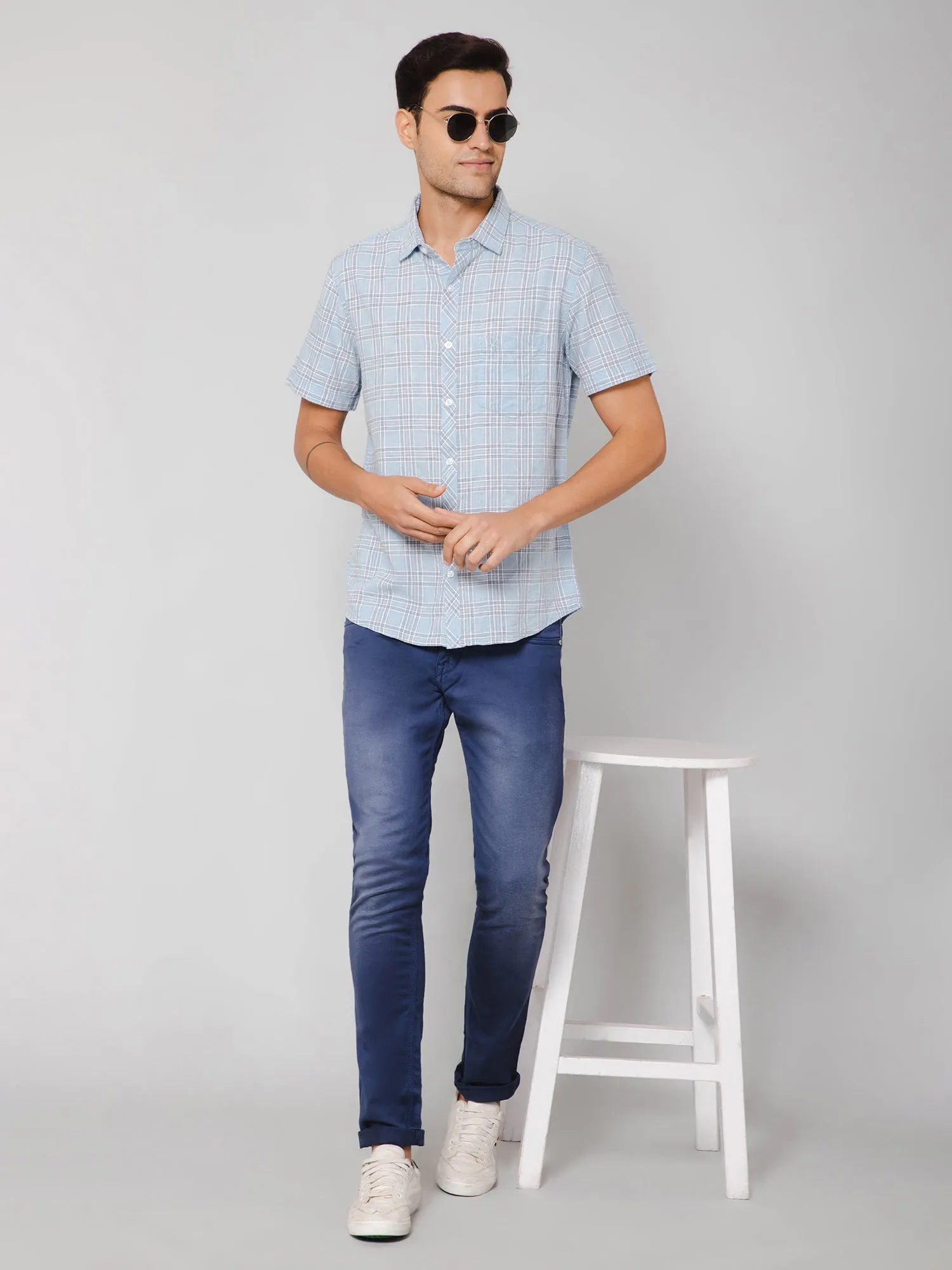 Cantabil Cotton Blend Checkered Sky Blue Half Sleeve Regular Fit Casual Shirt for Men with Pocket