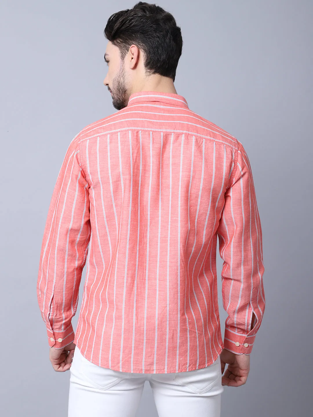 Cantabil Cotton Blend Striped Red Full Sleeve Casual Shirt for Men with Pocket