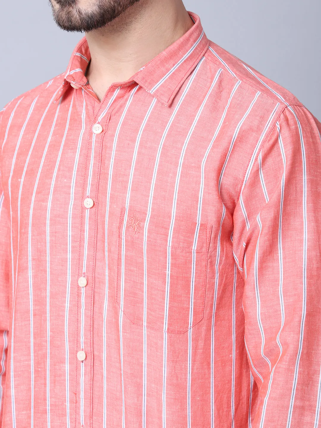 Cantabil Cotton Blend Striped Red Full Sleeve Casual Shirt for Men with Pocket