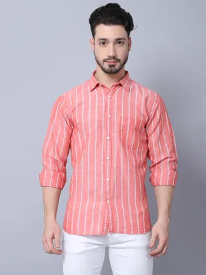 Cantabil Cotton Blend Striped Red Full Sleeve Casual Shirt for Men with Pocket