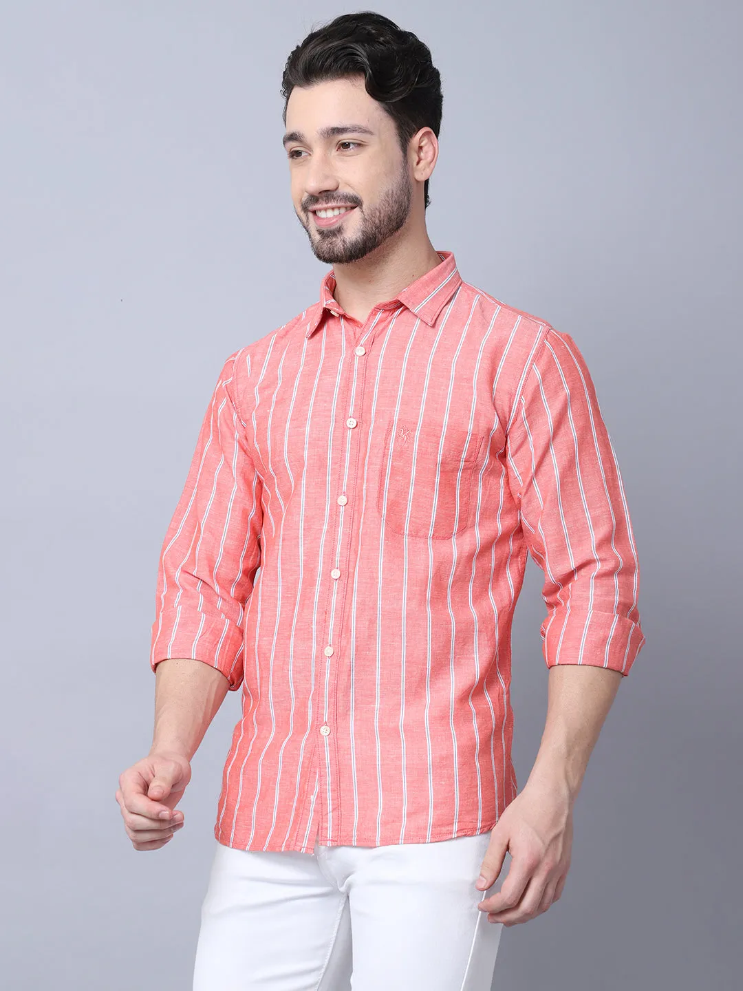 Cantabil Cotton Blend Striped Red Full Sleeve Casual Shirt for Men with Pocket