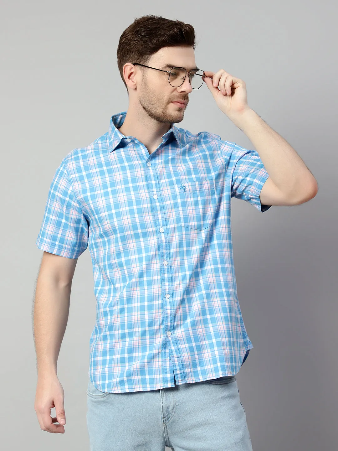 Cantabil Cotton Checkered Blue Half Sleeve Regular Fit Casual Shirt for Men with Pocket