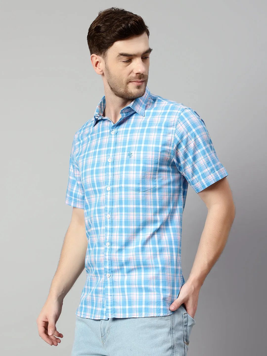 Cantabil Cotton Checkered Blue Half Sleeve Regular Fit Casual Shirt for Men with Pocket