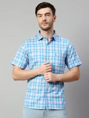 Cantabil Cotton Checkered Blue Half Sleeve Regular Fit Casual Shirt for Men with Pocket