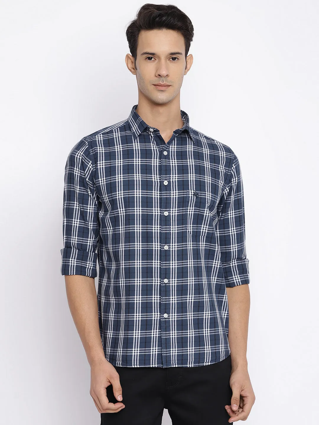 Cantabil Cotton Checkered Grey Full Sleeve Casual Shirt for Men with Pocket