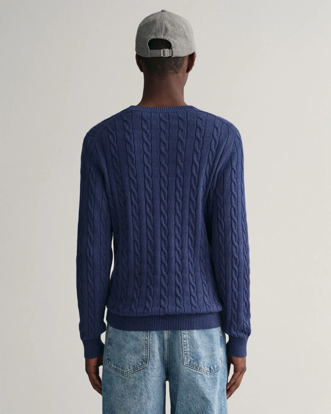 Cotton Cable Knit Crew Neck Sweater - Marine Melange