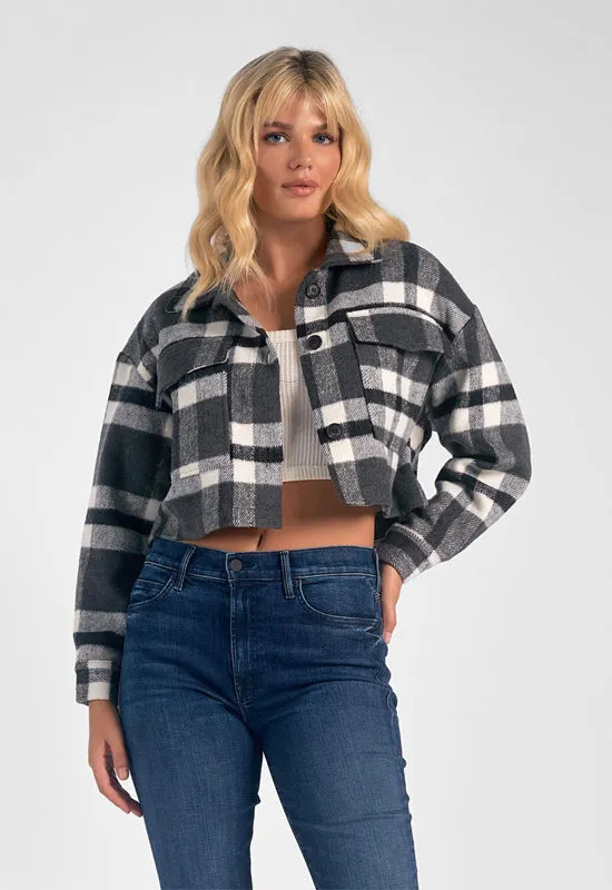 Elan - Plaid Crop Jacket Button Detail Black Plaid