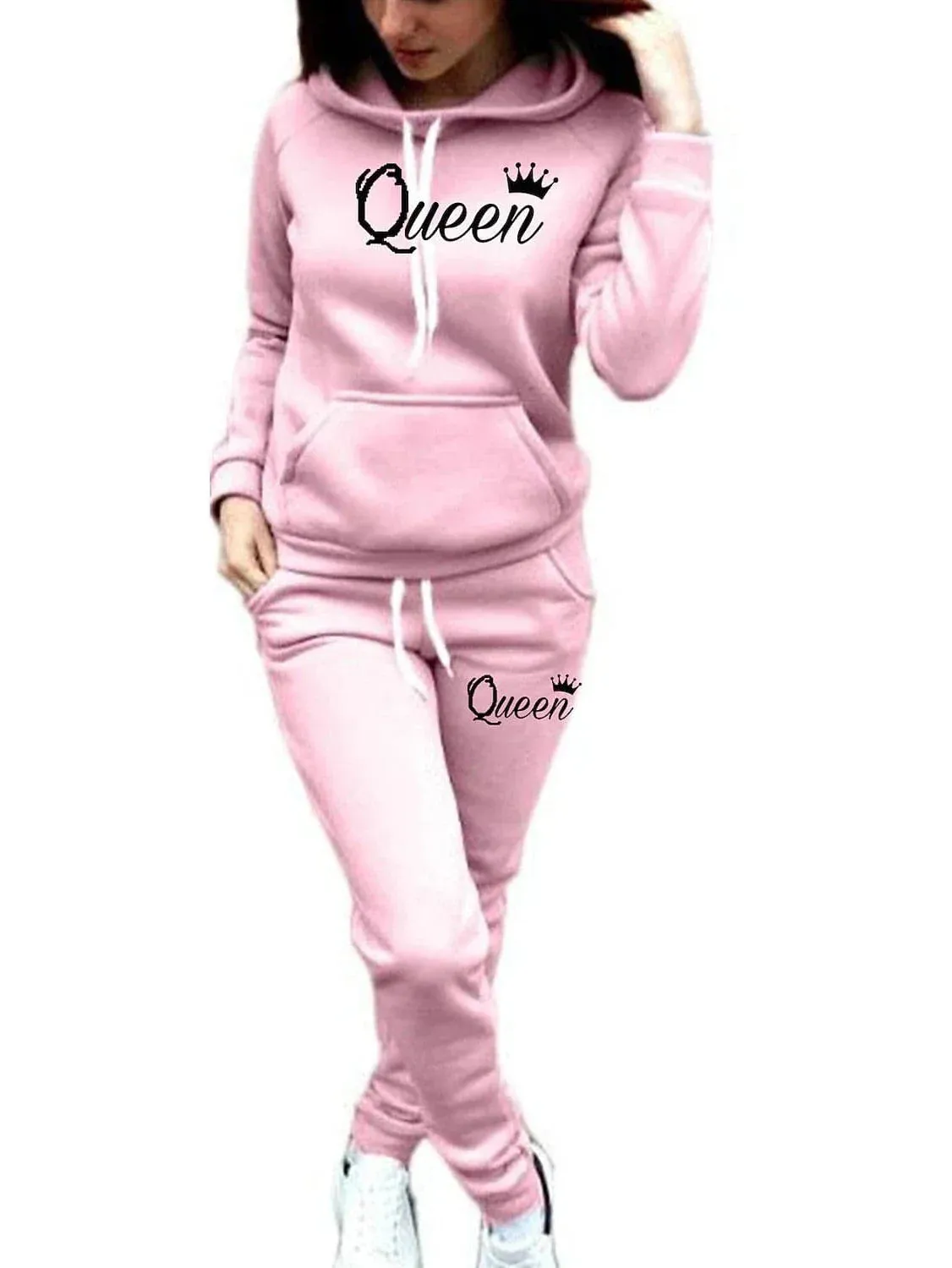 Elegant Women's Round Neck Hoodie Tracksuit Pants Set for Fall & Winter