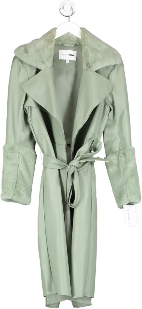 Fashion Nova Just Fabulous Faux Leather Coat Sage Green UK S