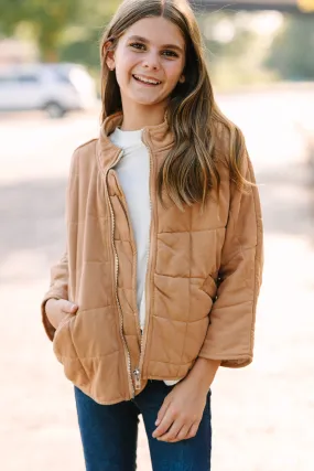 Girls: Getting Cozy Taupe Brown Quilted Jackets