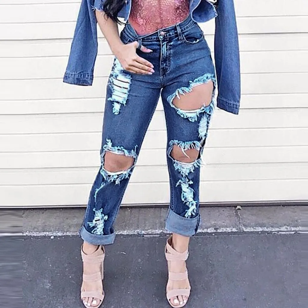 High Waist Jeans Denim Hole Button Zipper