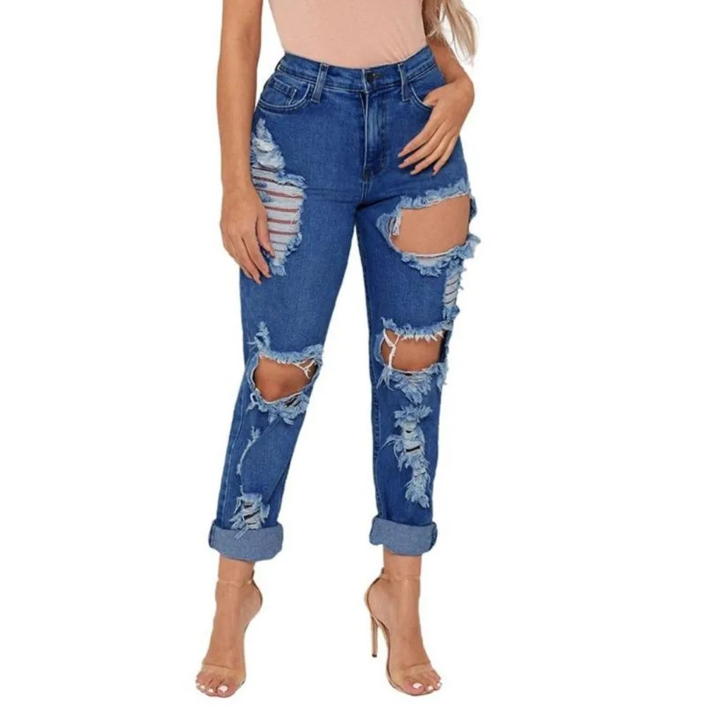 High Waist Jeans Denim Hole Button Zipper