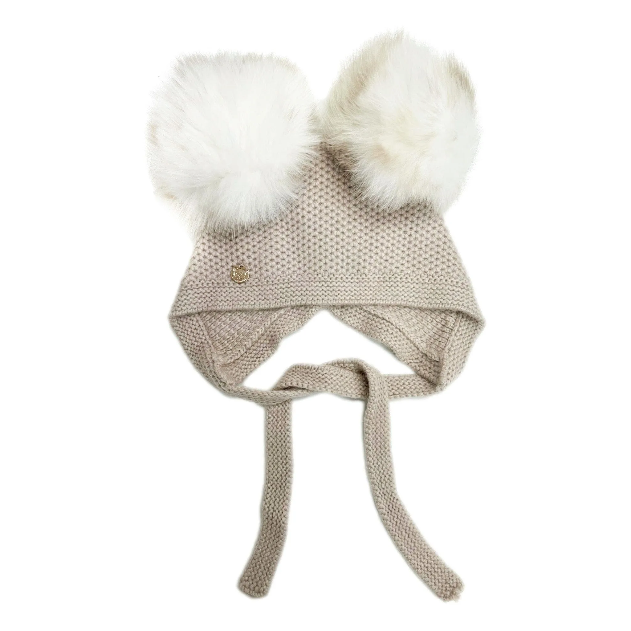 Honeycomb Beige Cashmere Bonnet with White Print Poms