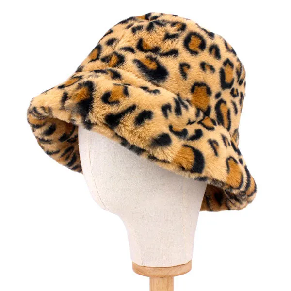 Leopard Patterned Faux Fur Bucket Hat