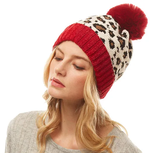 Leopard Print Pom Pom Beanie Hat Winter Hat