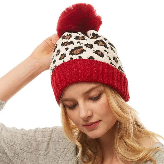 Leopard Print Pom Pom Beanie Hat Winter Hat