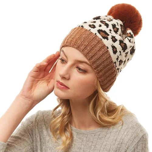 Leopard Print Pom Pom Beanie Hat Winter Hat