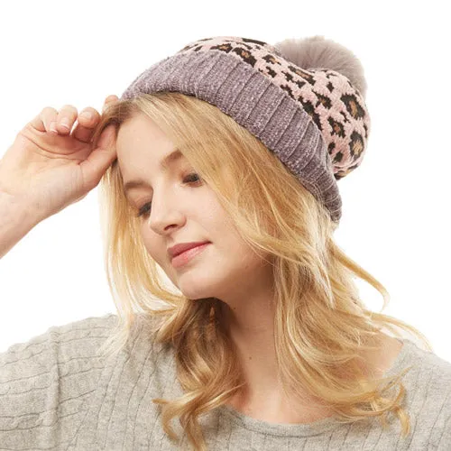 Leopard Print Pom Pom Beanie Hat Winter Hat