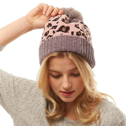 Leopard Print Pom Pom Beanie Hat Winter Hat