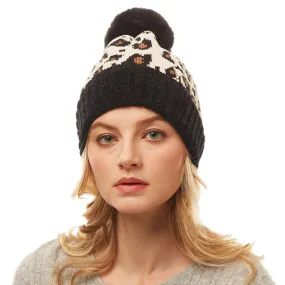 Leopard Print Pom Pom Beanie Hat Winter Hat