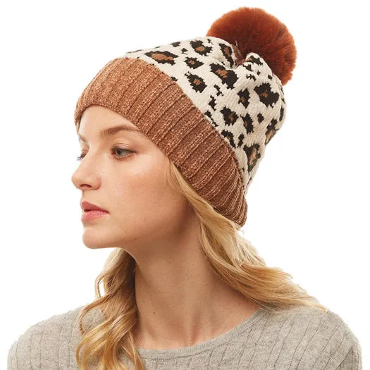 Leopard Print Pom Pom Beanie Hat Winter Hat