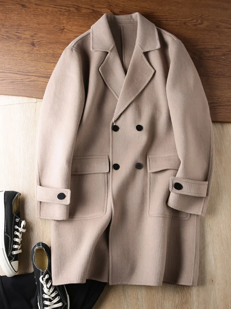 Lt. Luxury men's mid-length double-breasted woolen coat jacket